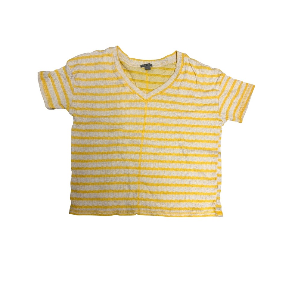 Falls Creek Top Womens Sz M Yellow White Striped V-Neck Textured Nautical